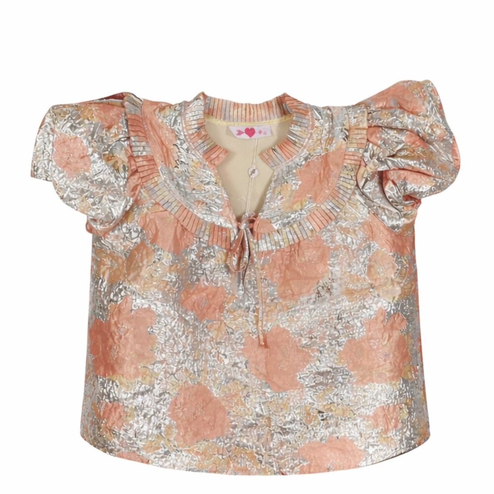 Metallic Floral Puff Sleeve Top | Bachelorette Party Statement Top XS - Picture 3 of 5